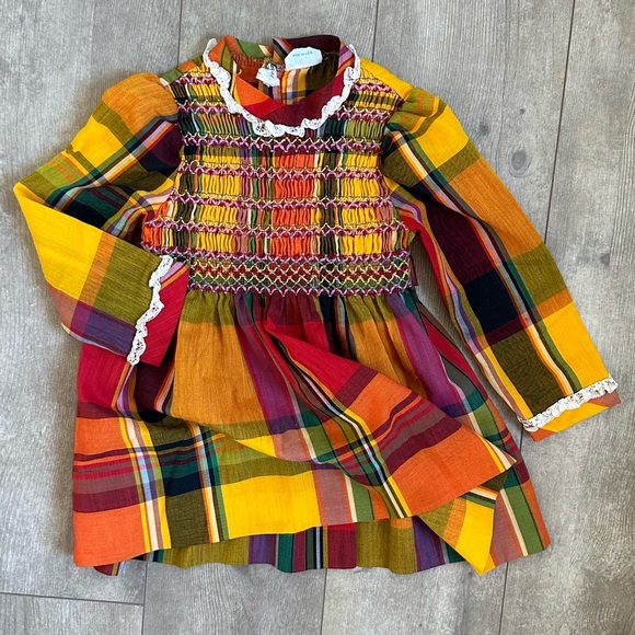 Vintage 70s Nannette Baby Girl Smocked Plaid Long Sleeve Dress Made USA